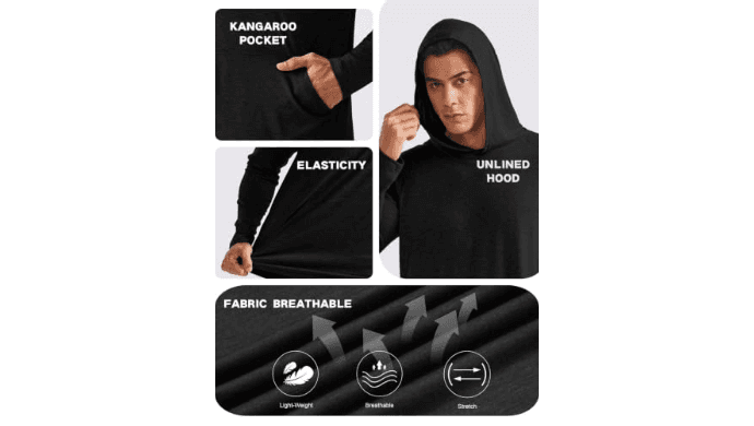 PINSPARK Men's Lightweight Workout Hoodie Sweatshirt, Black, S thumbnail 4