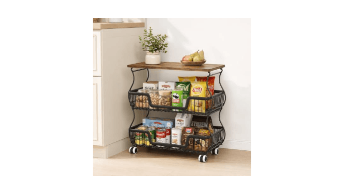 Fruit and Vegetable Storage, 3 Tier Fruit Basket with Wooden Top Table Kitchen Pantry Storage Bins and Organizers, Stackable Metal Rolling Cart for Vegetable Snacks Drinks Onion Potato Organization thumbnail 1
