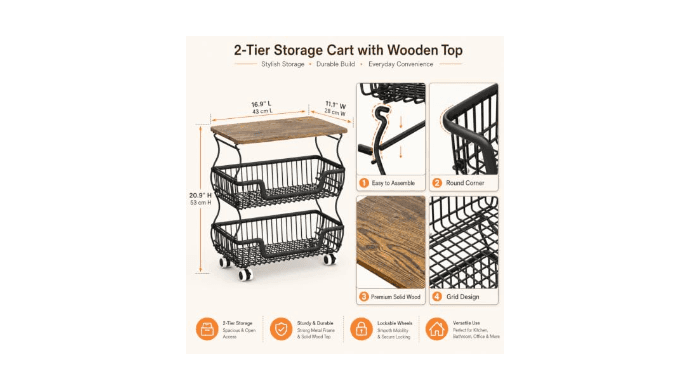 Fruit and Vegetable Storage, 3 Tier Fruit Basket with Wooden Top Table Kitchen Pantry Storage Bins and Organizers, Stackable Metal Rolling Cart for Vegetable Snacks Drinks Onion Potato Organization thumbnail 2