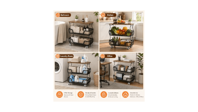 Fruit and Vegetable Storage, 3 Tier Fruit Basket with Wooden Top Table Kitchen Pantry Storage Bins and Organizers, Stackable Metal Rolling Cart for Vegetable Snacks Drinks Onion Potato Organization thumbnail 3