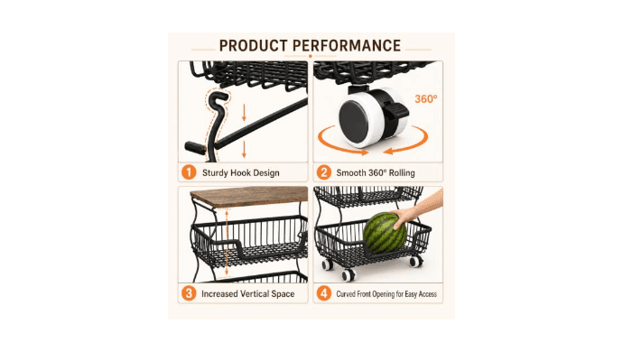 Fruit and Vegetable Storage, 3 Tier Fruit Basket with Wooden Top Table Kitchen Pantry Storage Bins and Organizers, Stackable Metal Rolling Cart for Vegetable Snacks Drinks Onion Potato Organization thumbnail 4