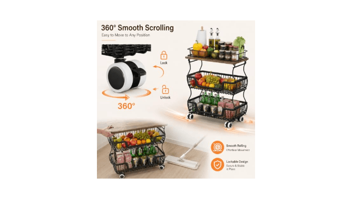 Fruit and Vegetable Storage, 3 Tier Fruit Basket with Wooden Top Table Kitchen Pantry Storage Bins and Organizers, Stackable Metal Rolling Cart for Vegetable Snacks Drinks Onion Potato Organization thumbnail 5