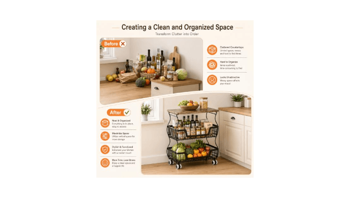 Fruit and Vegetable Storage, 3 Tier Fruit Basket with Wooden Top Table Kitchen Pantry Storage Bins and Organizers, Stackable Metal Rolling Cart for Vegetable Snacks Drinks Onion Potato Organization thumbnail 6