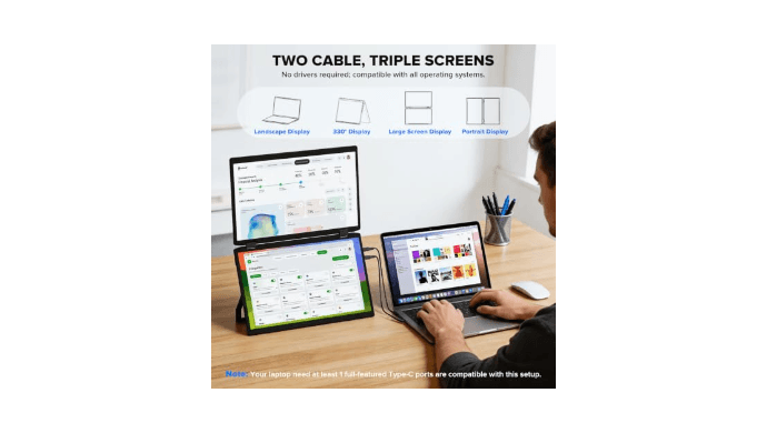 SMISEACOW Laptop Screen Extender 15.6" IPS 1080P Triple Portable Monitor for Laptop MacBook Surface PC Xbox PS5,Travel Monitor Second Screen for Laptop, HDMI USB-C VESA Compatible Built-in Speaker thumbnail 3