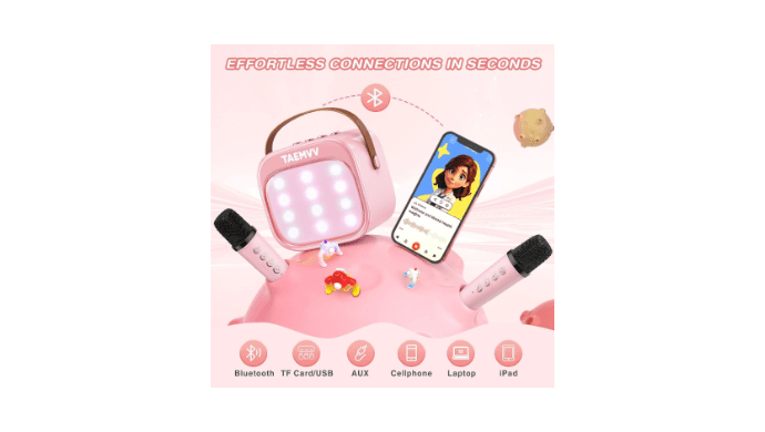 Limited-time offer: only 4 days! 50% off! Karaoke Machine for Kids, Mini Karaoke Speaker with 2 Wireless Microphones, Bluetooth, Magic Voice Changer, LED Lights – a perfect birthday gift for girls and boys ages 4-12. thumbnail 3
