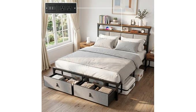 Queen Bed Frame with 2 Storage Drawers & Charging Station, Headboard, Grey | Upholstered Platform Bed with 2-Tier Open Storage Shelves, USB & Type-C Charging, Under-Bed Drawers, No Box Spring NeededQueen Bed Frame with 2 Storage Drawers & Charging Station, Headboard, Grey | Upholstered P…