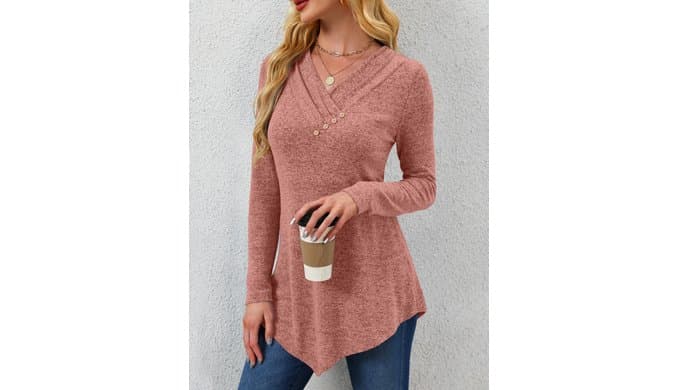 Womens Tunic Tops Loose Fit Dressy Long Sleeve V Neck Shirt thumbnail 2