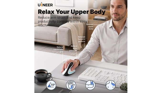 Uineer Ergonomic Wireless Vertical Mouse, 3-Mode Bluetooth 5.0/4.0 & 2.4GHz thumbnail 2