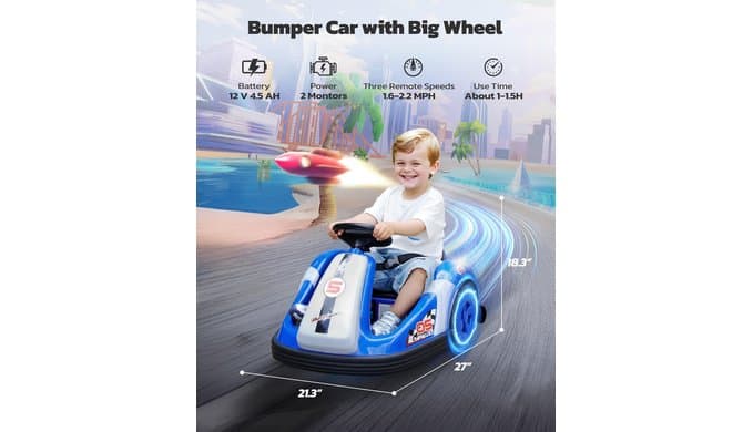 12V Kids Bumper Car with Big Wheel, 2.2 Mph Max, Toddler Bumper Cars with Remote, Baby Bumping Toy Car with DIY Stickers,360 Degree-Spin, Music, Bluetooth,LED Lights, Blue thumbnail 2