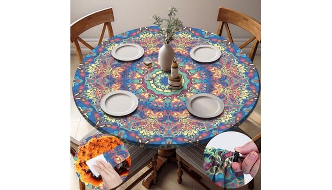 opstellen Round Tablecloth Waterproof Boho Fitted Vinyl Table Cloth Summer Fall Outdoor Circle Cover for 36-44" Tables Kitchen Dining Apartment Essentials Camping Picnic Party Decor Housewarming Gifts thumbnail 1