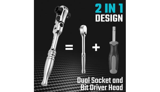 DURATECH 1/4" Drive Ratchet Handle, 2 in 1 Flex Head, Socket & Bit Driver thumbnail 3