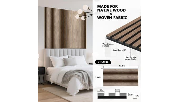 Acoustic Wall Panels, 2 Pack Wood Slat Wall Panel, Soundproof Wall Panels, 3D Textured Wall Decor for Ceiling and Wall, 47.2" x 23.6", in Walnut Finish thumbnail 4