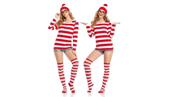 URATOT Halloween Women Costume Sets Red and White Striped T-shirt Knit Beanies Striped Socks Nerd Glasses thumbnail 4