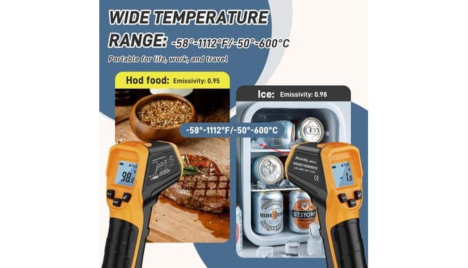 Infrared Thermometer Laser Temperature Gun -58℉ to 1112℉,with Cal Calibration and Adjustable Emissivity,Min& Max Measure,for Cooking,Oven,Meat Food,HVAC,Appliance（Yellow） thumbnail 5