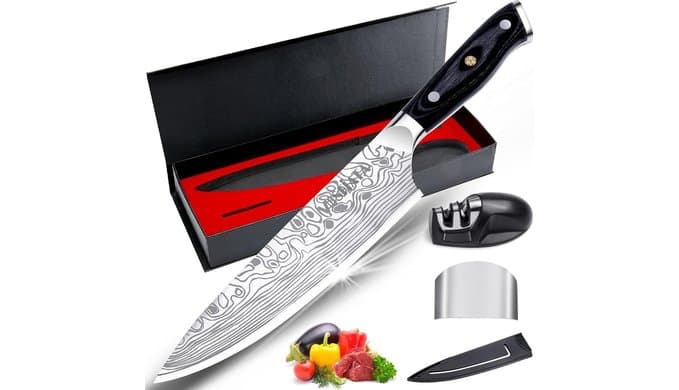 MOSFiATA 8" Super Sharp Professional Chef's Knife with Finger Guard and Knife Sharpener, German High Carbon Stainless Steel EN1.4116 with Micarta Handle and Gift Box thumbnail 1