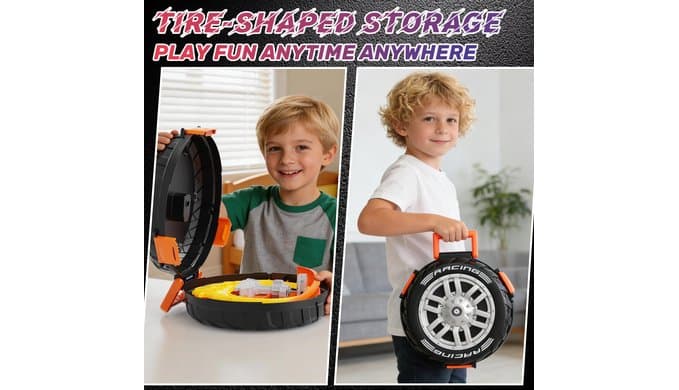 Toy Car Race Track Set for Kids Ages 4-8, Stunt Tire-Shaped Case Transforms into Race Course, 6 Cars in 1:64 Scale, 2 Ways to Play, Action Loop Cyclone Challenge & Speed Snap Track thumbnail 5