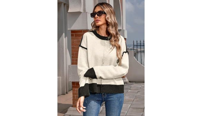 SunnyMelody Womens Oversized Cute Color Block Crew Neck Sweater 2026 thumbnail 2