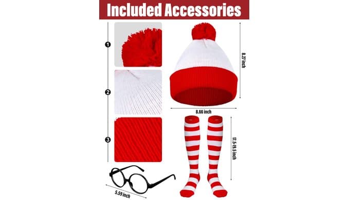 URATOT Halloween Women Costume Sets Red and White Striped T-shirt Knit Beanies Striped Socks Nerd Glasses thumbnail 2