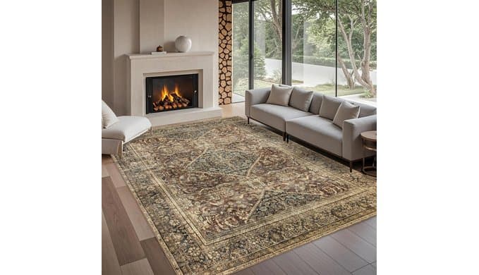 Washable 5x7 Area Rug: Vintage Brown Rugs for Living Room Bedroom Dining Room Office Indoor - Soft Non-Slip Large Carpet Home Decor - Oriental Dark Brown thumbnail 3