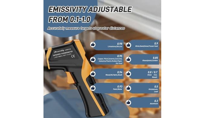 Infrared Thermometer Laser Temperature Gun -58℉ to 1112℉,with Cal Calibration and Adjustable Emissivity,Min& Max Measure,for Cooking,Oven,Meat Food,HVAC,Appliance（Yellow） thumbnail 4