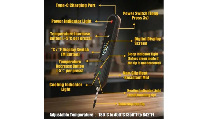 Cordless Soldering Iron Kit, 1600mAh USB-C Rechargeable Soldering Pen with LED Display & Stable Temp Control, Charging-While-Use, 356°F-842°F/180°C-450°C, 3 Tips for DIY Electronics (Black) thumbnail 5
