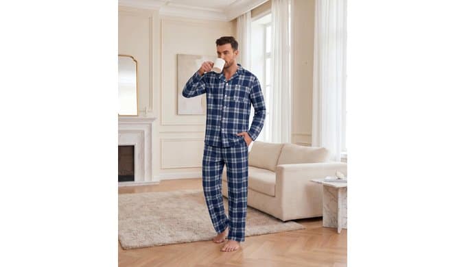 Ekouaer Mens Pajamas Set Long Sleeve Button Down Pjs Long Pants with Pocket thumbnail 2