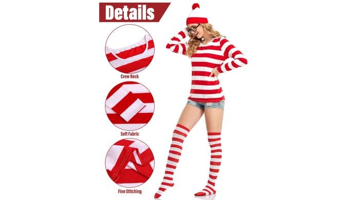 URATOT Halloween Women Costume Sets Red and White Striped T-shirt Knit Beanies Striped Socks Nerd Glasses thumbnail 3