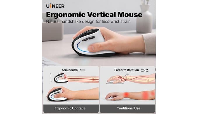Uineer Ergonomic Wireless Vertical Mouse, 3-Mode Bluetooth 5.0/4.0 & 2.4GHz thumbnail 3