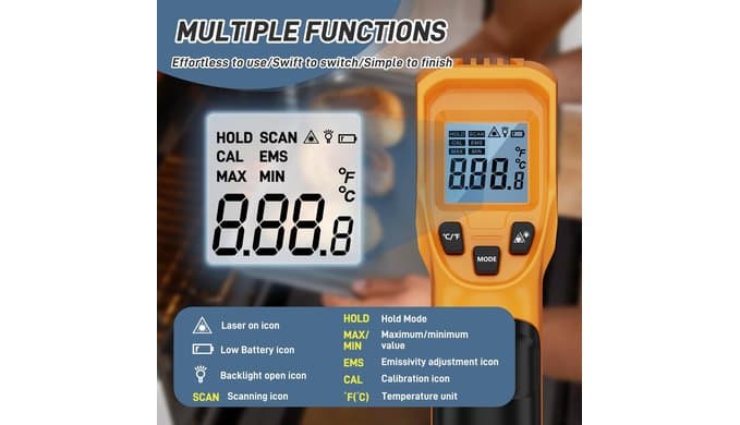 Infrared Thermometer Laser Temperature Gun -58℉ to 1112℉,with Cal Calibration and Adjustable Emissivity,Min& Max Measure,for Cooking,Oven,Meat Food,HVAC,Appliance（Yellow） thumbnail 3