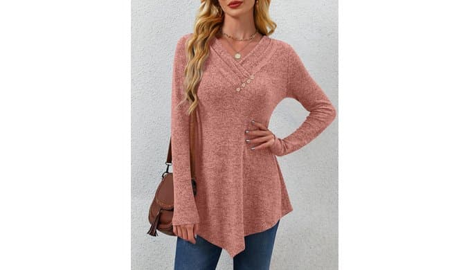 Womens Tunic Tops Loose Fit Dressy Long Sleeve V Neck Shirt thumbnail 3