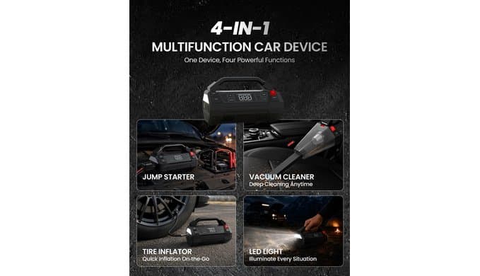 Tire Inflator Portable Air Compressor, Jump Starter, Car Vacuum Cleaner & LED Work Light, 4-IN-1 Multi-Function Design Cordless Tire Inflator with Digital Display for Cars thumbnail 2
