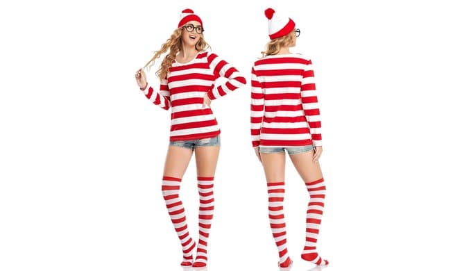 URATOT Halloween Women Costume Sets Red and White Striped T-shirt Knit Beanies Striped Socks Nerd Glasses thumbnail 5