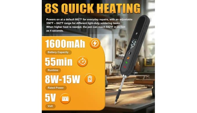 Cordless Soldering Iron Kit, 1600mAh USB-C Rechargeable Soldering Pen with LED Display & Stable Temp Control, Charging-While-Use, 356°F-842°F/180°C-450°C, 3 Tips for DIY Electronics (Black) thumbnail 2