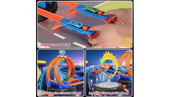 Toy Car Race Track Set for Kids Ages 4-8, Stunt Tire-Shaped Case Transforms into Race Course, 6 Cars in 1:64 Scale, 2 Ways to Play, Action Loop Cyclone Challenge & Speed Snap Track thumbnail 3