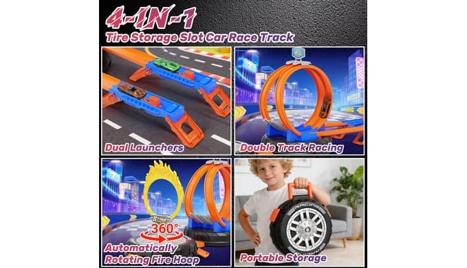 Toy Car Race Track Set for Kids Ages 4-8, Stunt Tire-Shaped Case Transforms into Race Course, 6 Cars in 1:64 Scale, 2 Ways to Play, Action Loop Cyclone Challenge & Speed Snap Track thumbnail 4