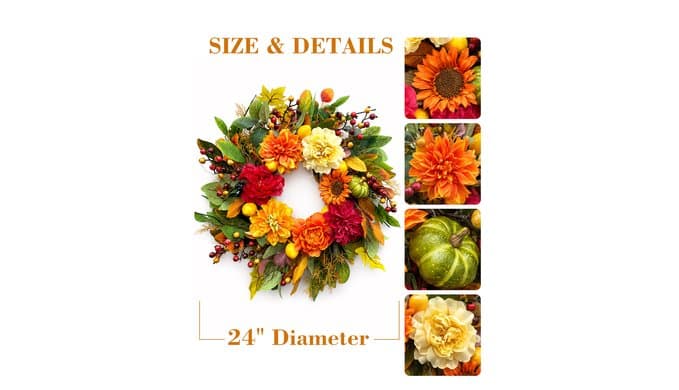 24 Inch Fall Wreaths for Front Door, Fall Decorations for Home, Fall Decor thumbnail 3
