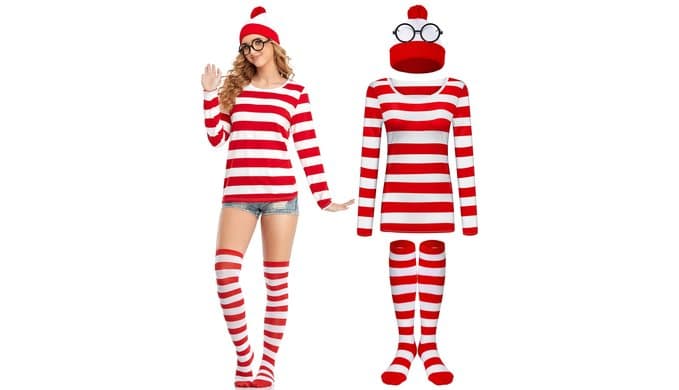 URATOT Halloween Women Costume Sets Red and White Striped T-shirt Knit Beanies Striped Socks Nerd Glasses thumbnail 1