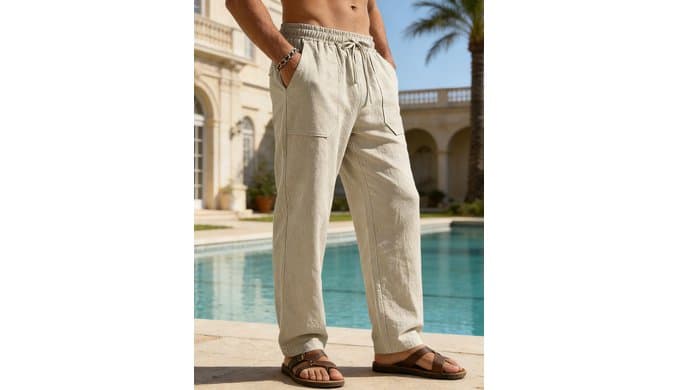 RQP Mens Cotton Linen Pants Casual Loose Fit Drawstring Summer Beach Pants Lightweight Vacation Yoga Trousers with Pockets thumbnail 2