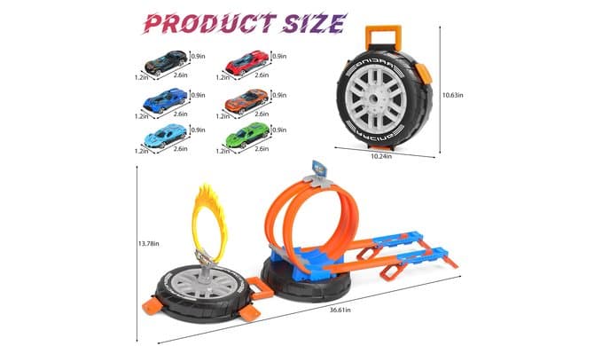 Toy Car Race Track Set for Kids Ages 4-8, Stunt Tire-Shaped Case Transforms into Race Course, 6 Cars in 1:64 Scale, 2 Ways to Play, Action Loop Cyclone Challenge & Speed Snap Track thumbnail 2