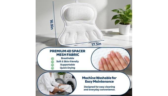 Bath Pillow for Tub,Bathtub Pillow for Head,Neck,Shoulder and Back Support,Soft Bath Tub Pillow for Bathtub,Hot Tub and Spa,White thumbnail 2