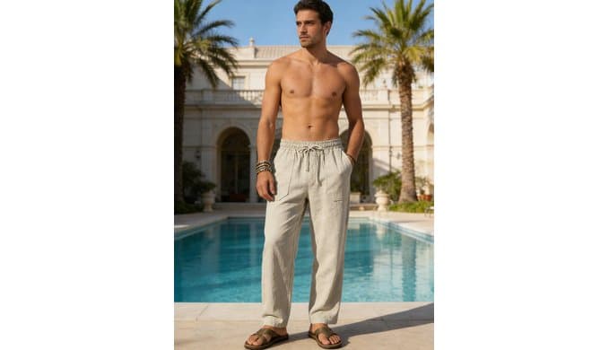 RQP Mens Cotton Linen Pants Casual Loose Fit Drawstring Summer Beach Pants Lightweight Vacation Yoga Trousers with Pockets thumbnail 3