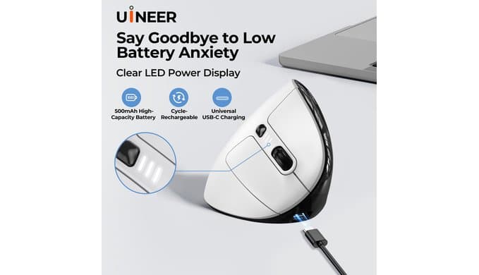 Uineer Ergonomic Wireless Vertical Mouse, 3-Mode Bluetooth 5.0/4.0 & 2.4GHz thumbnail 5