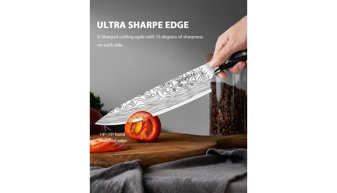 MOSFiATA 8" Super Sharp Professional Chef's Knife with Finger Guard and Knife Sharpener, German High Carbon Stainless Steel EN1.4116 with Micarta Handle and Gift Box thumbnail 4