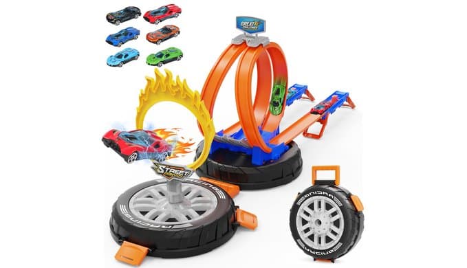 Toy Car Race Track Set for Kids Ages 4-8, Stunt Tire-Shaped Case Transforms into Race Course, 6 Cars in 1:64 Scale, 2 Ways to Play, Action Loop Cyclone Challenge & Speed Snap Track thumbnail 1