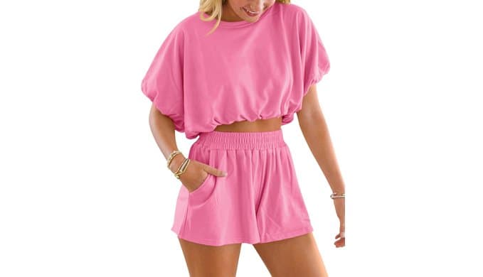 Womens 2 Piece Sets Summer Bubble Crop Tops and Shorts Lounge Set 2026 Travel Outfits Clothing Red S thumbnail 1