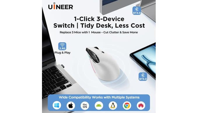 Uineer Ergonomic Wireless Vertical Mouse, 3-Mode Bluetooth 5.0/4.0 & 2.4GHz thumbnail 4