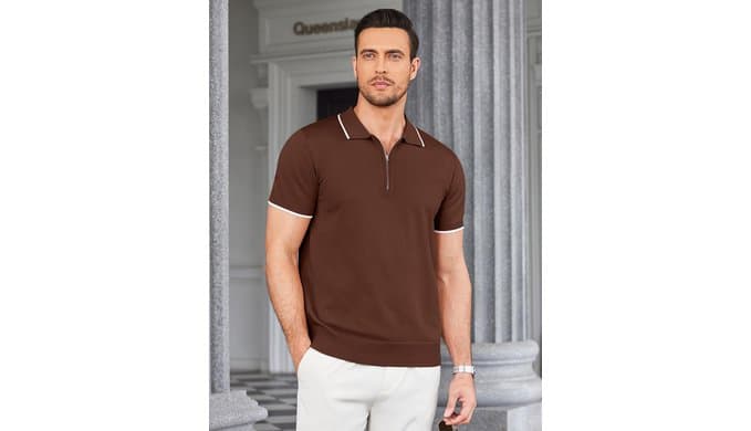 COOFANDY Men's Zipper Polo Shirt Casual Knit Short Sleeve Polo Golf T Shirt thumbnail 2