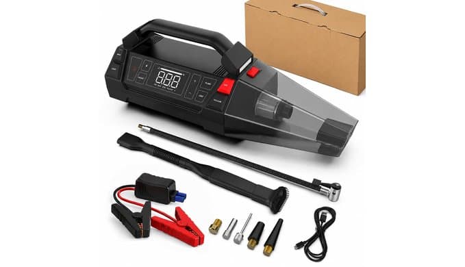 Tire Inflator Portable Air Compressor, Jump Starter, Car Vacuum Cleaner & LED Work Light, 4-IN-1 Multi-Function Design Cordless Tire Inflator with Digital Display for Cars thumbnail 1