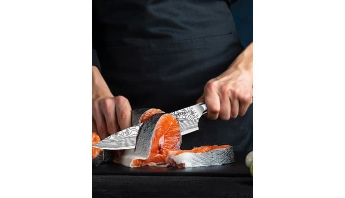 MOSFiATA 8" Super Sharp Professional Chef's Knife with Finger Guard and Knife Sharpener, German High Carbon Stainless Steel EN1.4116 with Micarta Handle and Gift Box thumbnail 2
