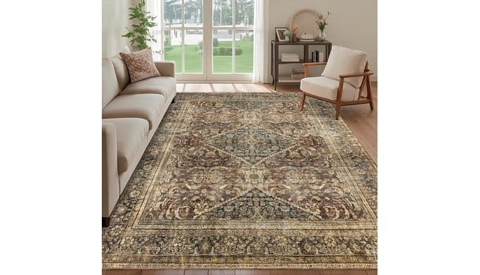 Washable 5x7 Area Rug: Vintage Brown Rugs for Living Room Bedroom Dining Room Office Indoor - Soft Non-Slip Large Carpet Home Decor - Oriental Dark Brown thumbnail 1